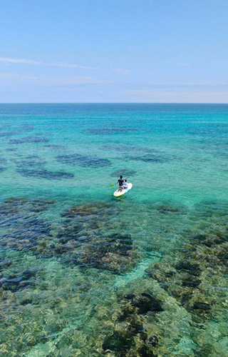 A lone SUP boarder surfing the Kyotango Sanin Kaigan, Sea of Japan