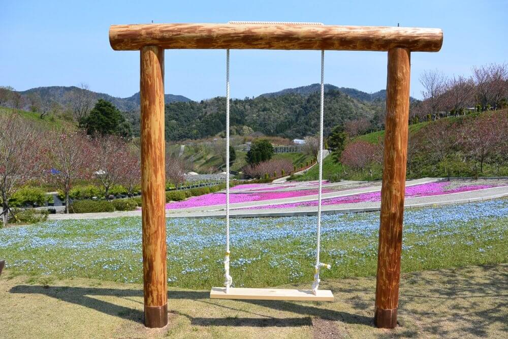 A swing stood above a hill of blue pink and white flowers